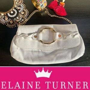 Elaine Turner White & Gold Pebbled Leather Clutch Magnetic Closure Handbag Purse